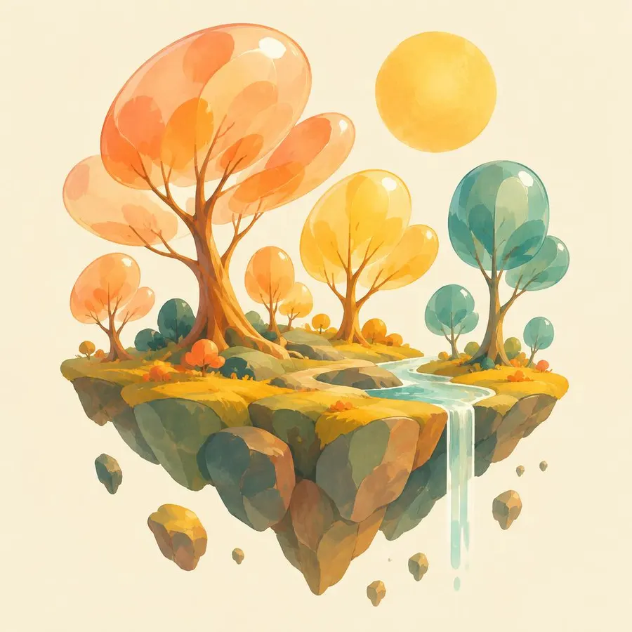 Illustrated floating island with glass trees
